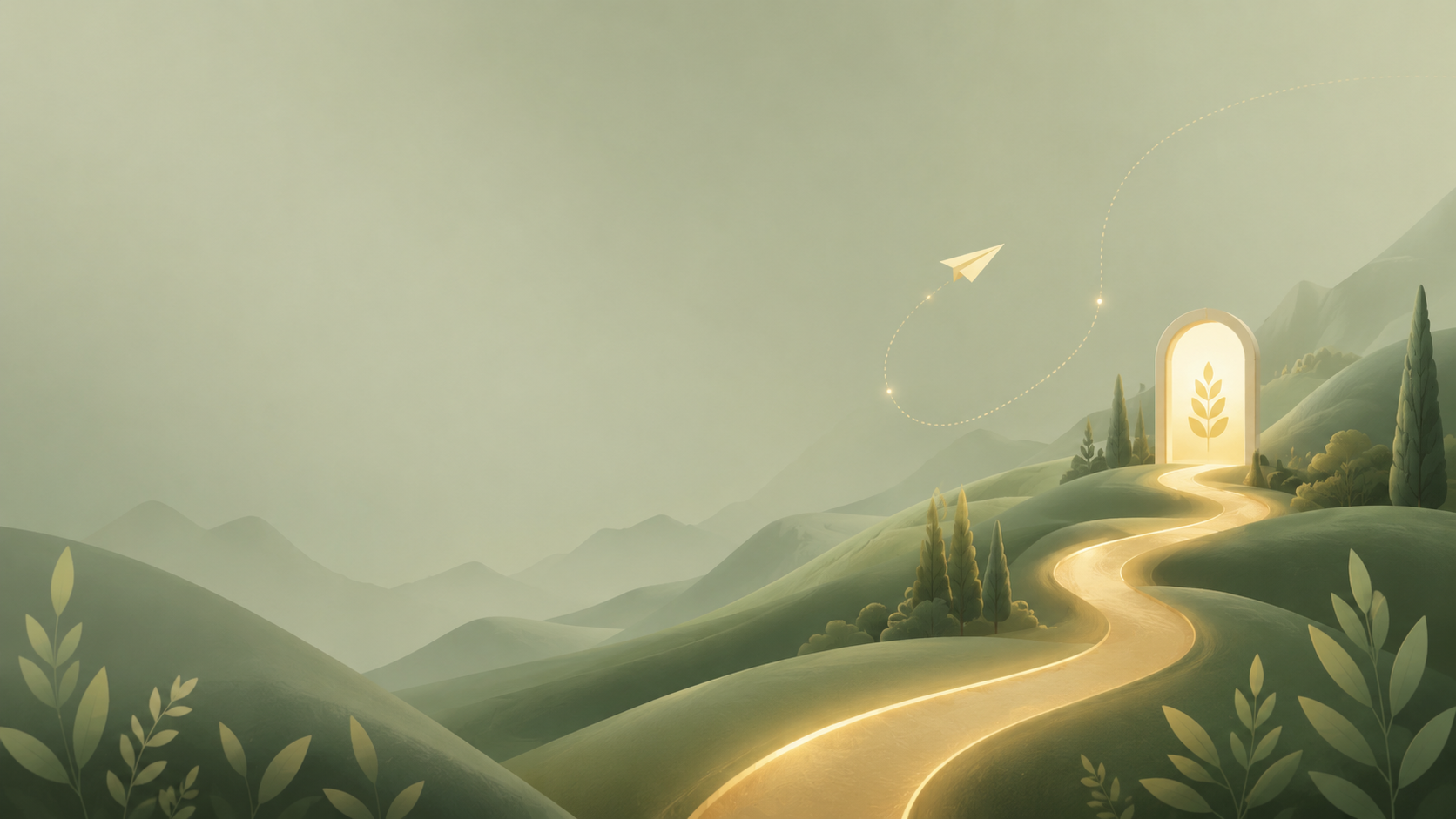 An illustrated landscape with green rolling hills, a winding glowing path, and a large glowing door with a leaf symbol. A paper airplane flies across a light green sky with a trail of sparkles.