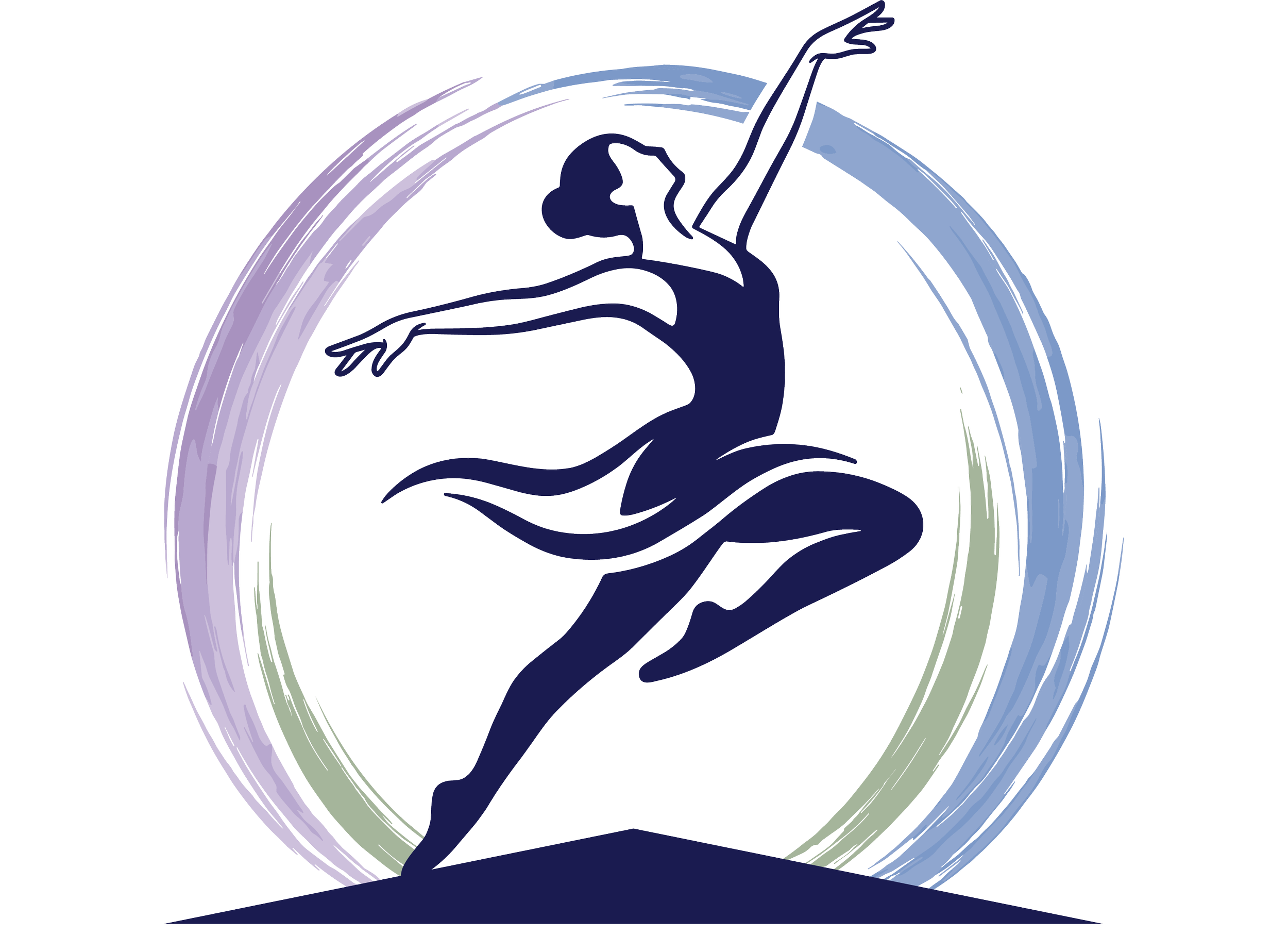 Abstract logo featuring a dancer on a cornerstone with arms raised balancing on one foot, surrounded by a colorful circular border.