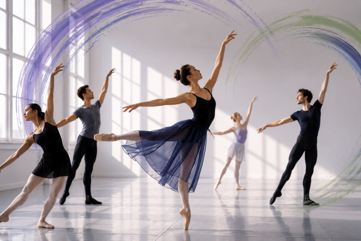 Ballet dancers practicing in a bright studio with large windows, with one dancer in a navy blue tutu performing an arabesque.