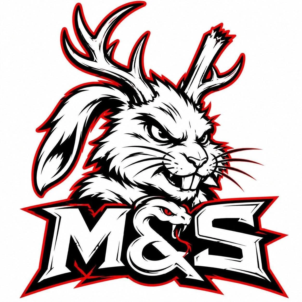 A stylized, aggressive illustration of a fox with antlers and a bunny with a fierce expression, featuring bold black, white, and red outlines, with the letters 'MCS' beneath them.