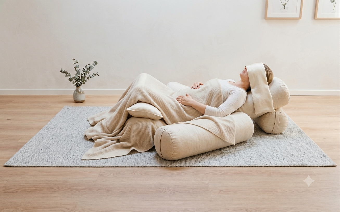Una donna distesa su un divano beige con un cuscino sotto le gambe e un cuscino dietro la testa, con una coperta beige. La donna ha gli occhi coperti da un cuscino. Sul pavimento di legno si trova un tappeto grigio chiaro e, sullo sfondo, una parete bianca con due quadri con disegni di piante e un vaso con rami di eucalipto.