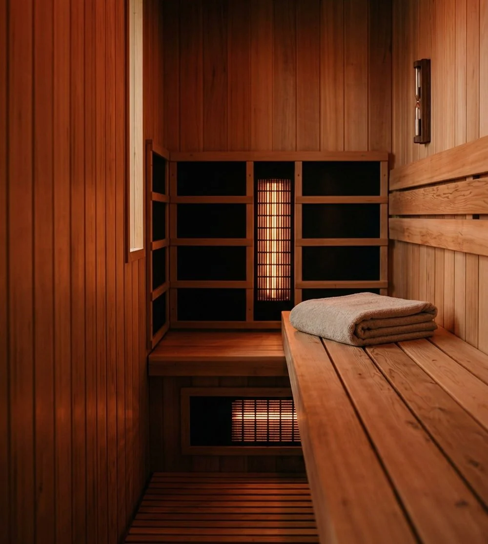 Infrared sauna interior with wood paneling, a folded towel, and infrared lights.