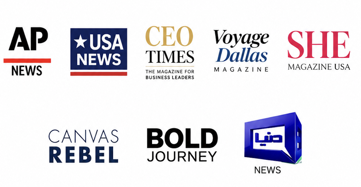 Collection of various magazine and news logo designs, including AP News, USA News, CEO Times, Voyage Dallas Magazine, She Magazine USA, Canvas Rebel, Bold Journey, and a Arabic news logo.