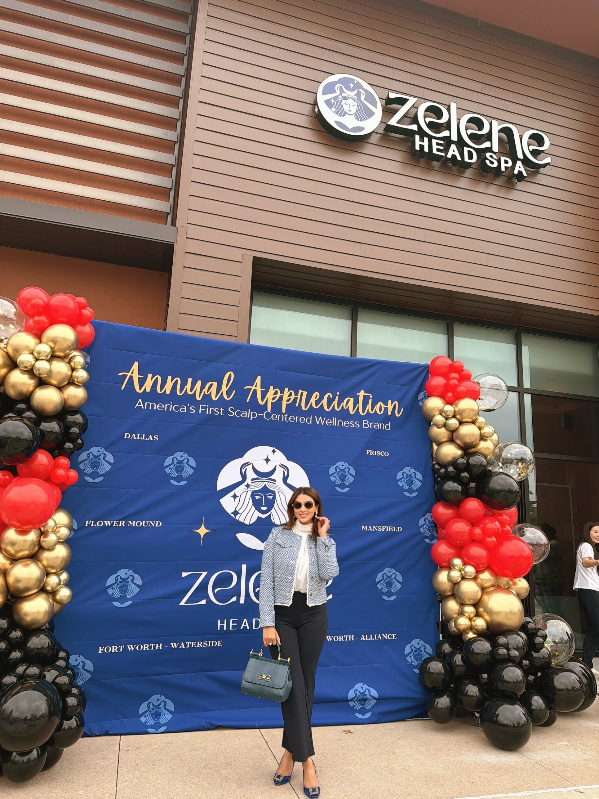 Moazzma Hunain, Mrs. Pakistan USA 2018, PakistanThe banner reads 'Annual Appreciation' and 'Zelene Head Spa' and lists multiple locations.
