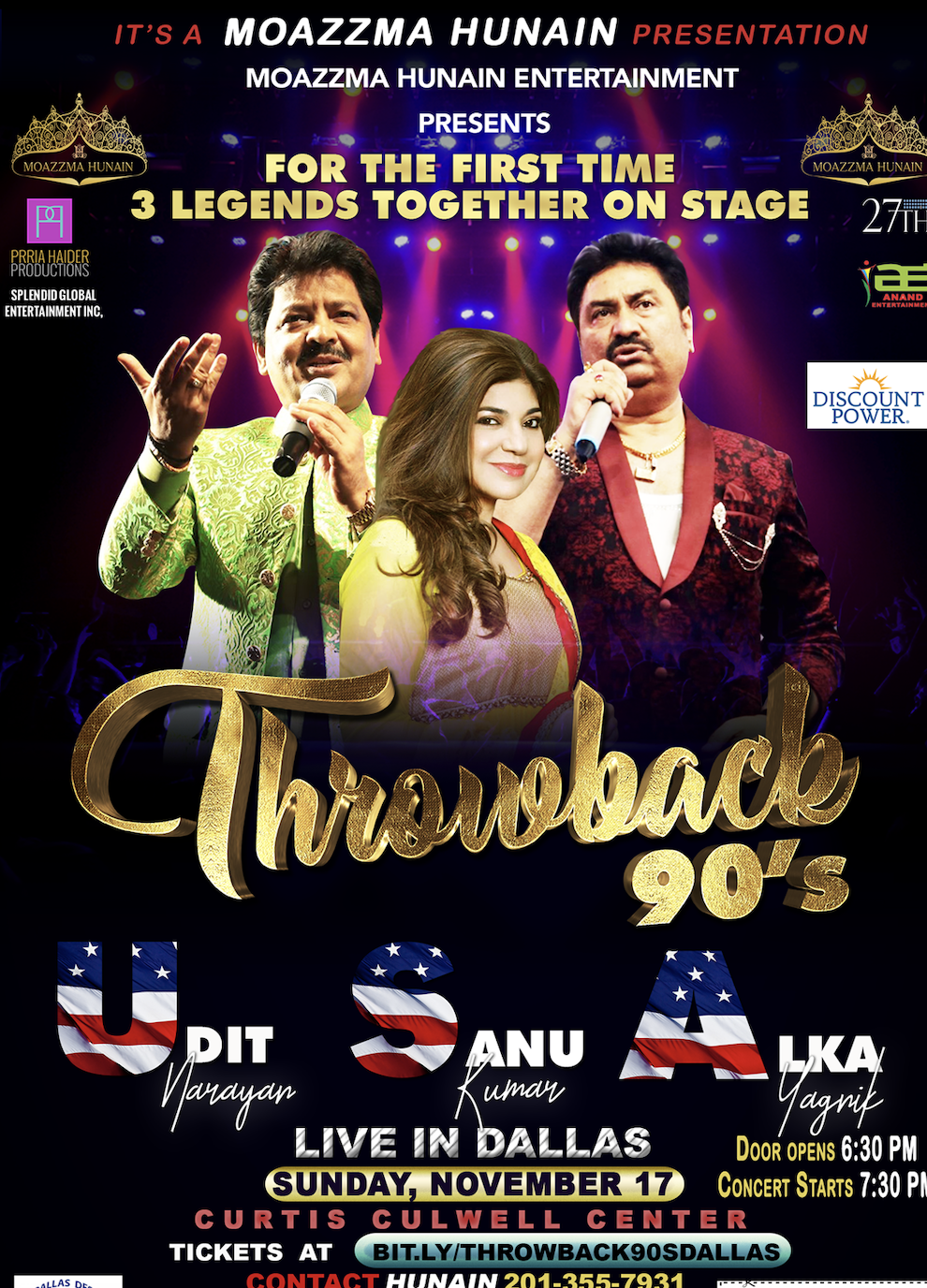 Moazzma Hunain Entertainment presents Throwback 90s concert in Dallas, TX USA with Kumar Sanu, Udit Narayan, and Alka Yagnik