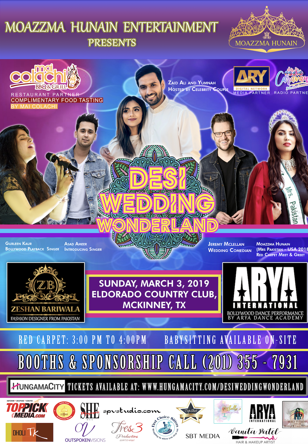 Poster advertising an event called DESI Wedding Wonderland, scheduled for Sunday, March 3, 2019, at Eldorado Country Club in McKinney, Texas. Organized by Moazzma Hunain of Moazzma Hunain Entertainment. 