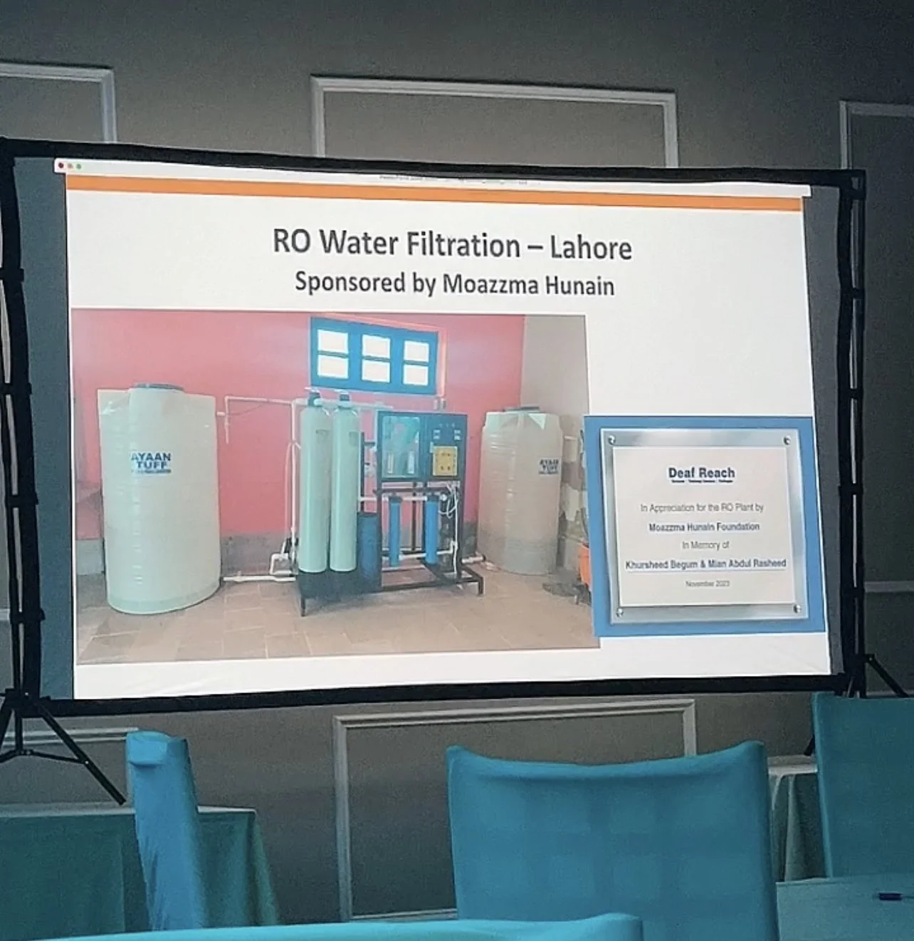 Moazzma Hunain donates 'RO Water Filtration, sponsored by Moazzma Hunain Foundation, in memory of her maternal grandparents for Deaf Reach Campus, Lahore. 