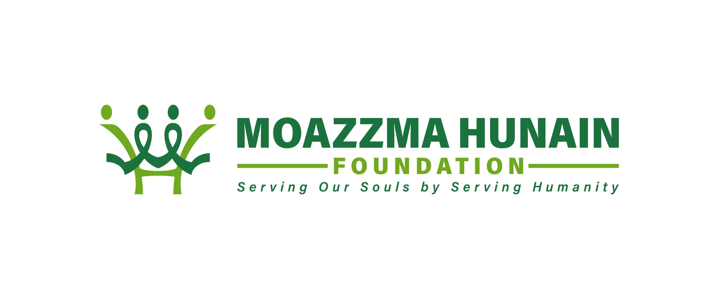 Logo of the Moazzma Hunan Foundation featuring a stylized group of three human figures in green and dark green, with the foundation's name and slogan: 'Serving Our Souls by Serving Humanity,' on a white background.