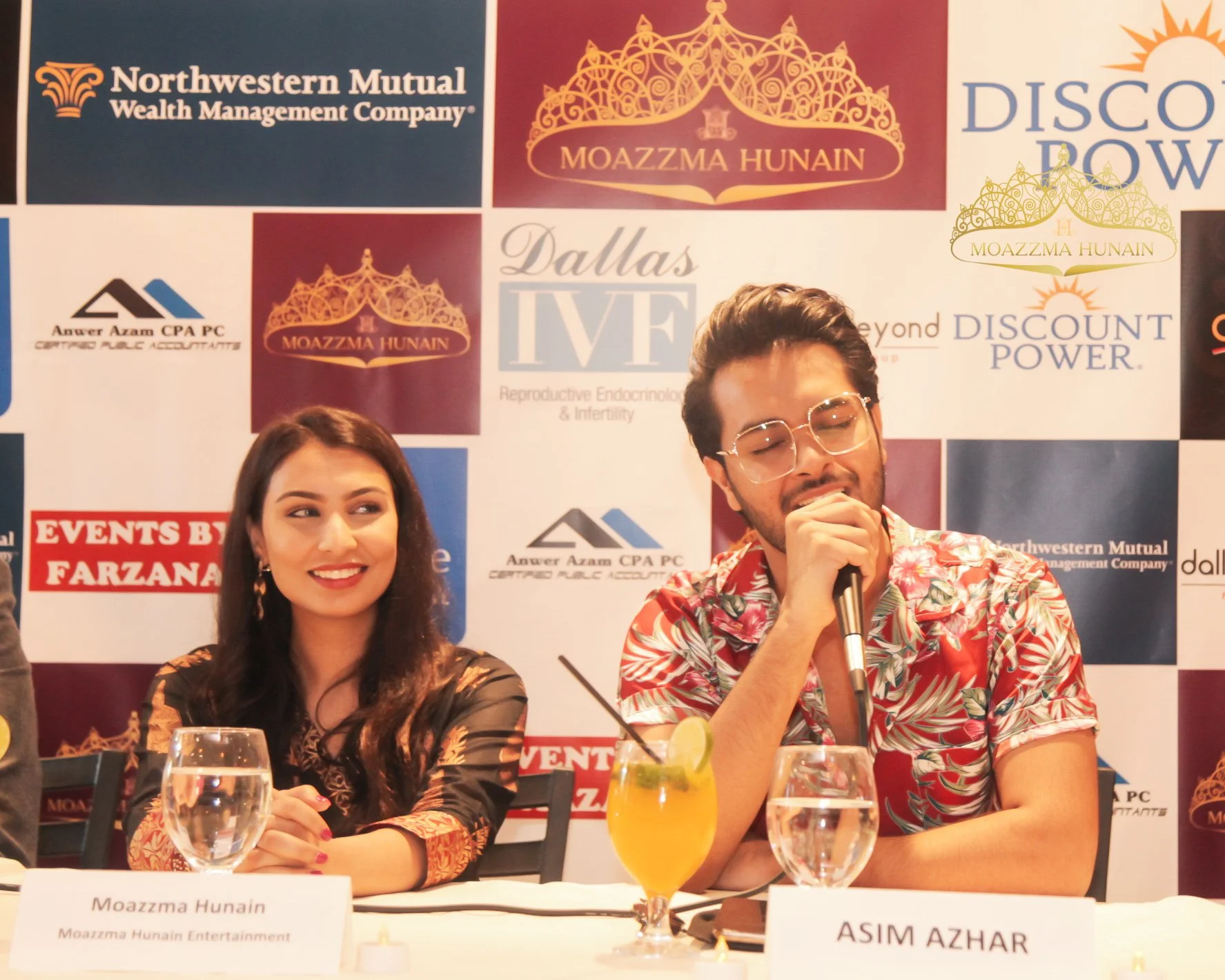 Moazzma Hunain and Asim Azhar at the press conference for the show The Grand Eid Village, organized by Moazzma Hunain of Moazzma Hunain Entertainment in Dallas, TX in 2019