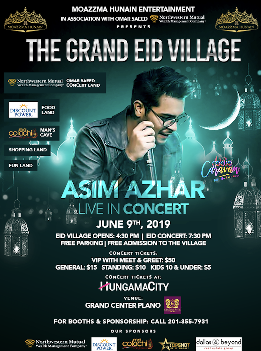 Poster for a live concert featuring Asim Azhar on June 9th, 2019 for The Grand Eid Village, a show organized by Moazzma Hunain of Moazzma Hunain Entertainment in Dallas, TX