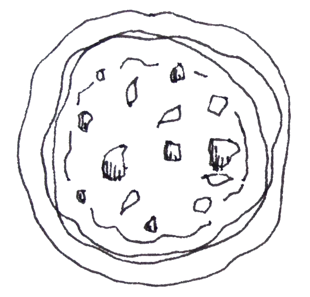 A line drawing of a person's face inside a circular border, with abstract and colorful background elements.