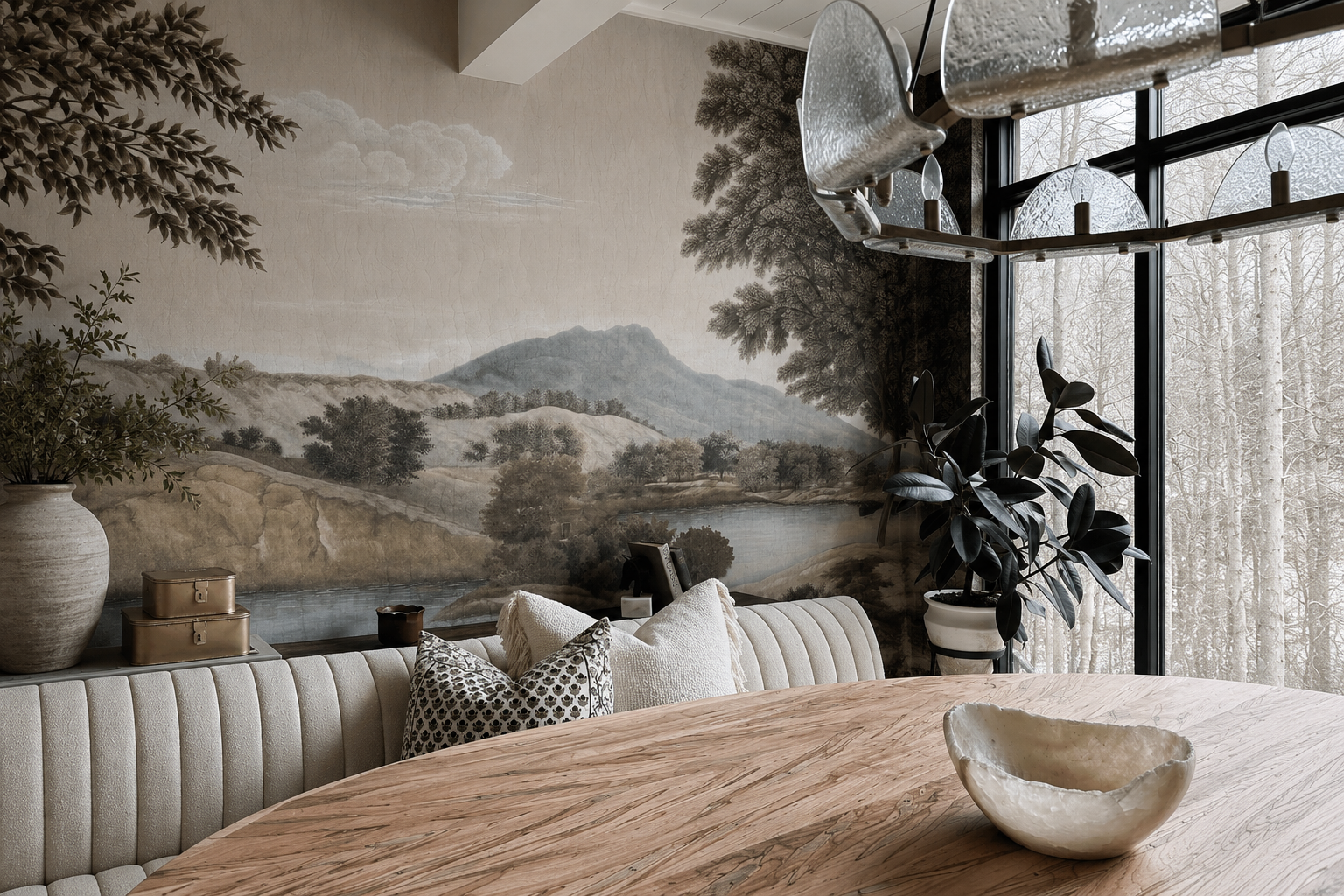 Interior of a dining room with a round wooden table, a beige upholstered bench with pillows, a mural of a mountain landscape on the wall, large potted plants, and a chandelier hanging from the ceiling. Framed windows show a winter scene with snow-cov