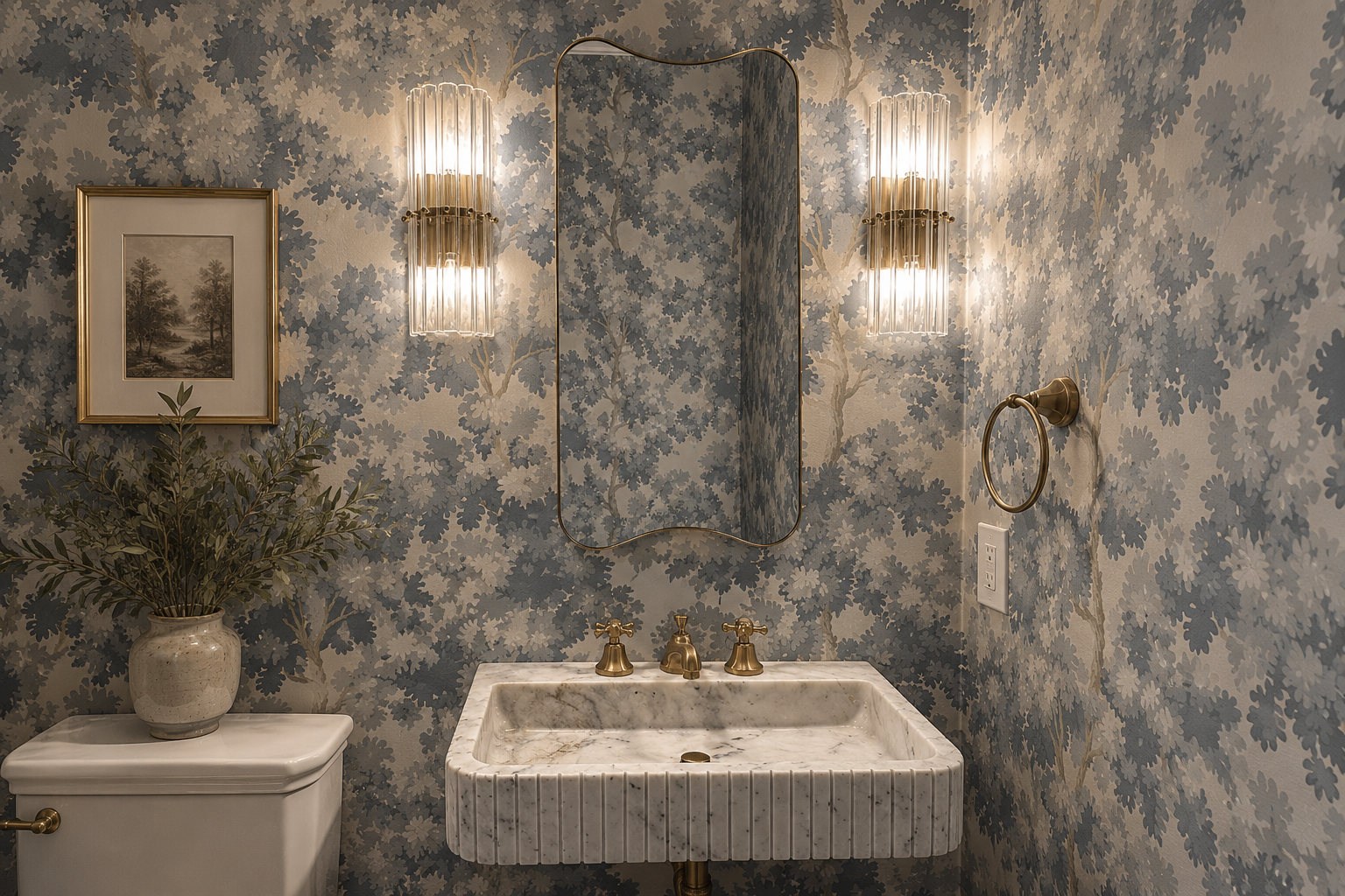 A bathroom with a marble sink, brass fixtures, and a large mirror. The wall has blue and beige floral wallpaper, with a framed picture and two wall-mounted light fixtures. A potted plant sits on top of the toilet.