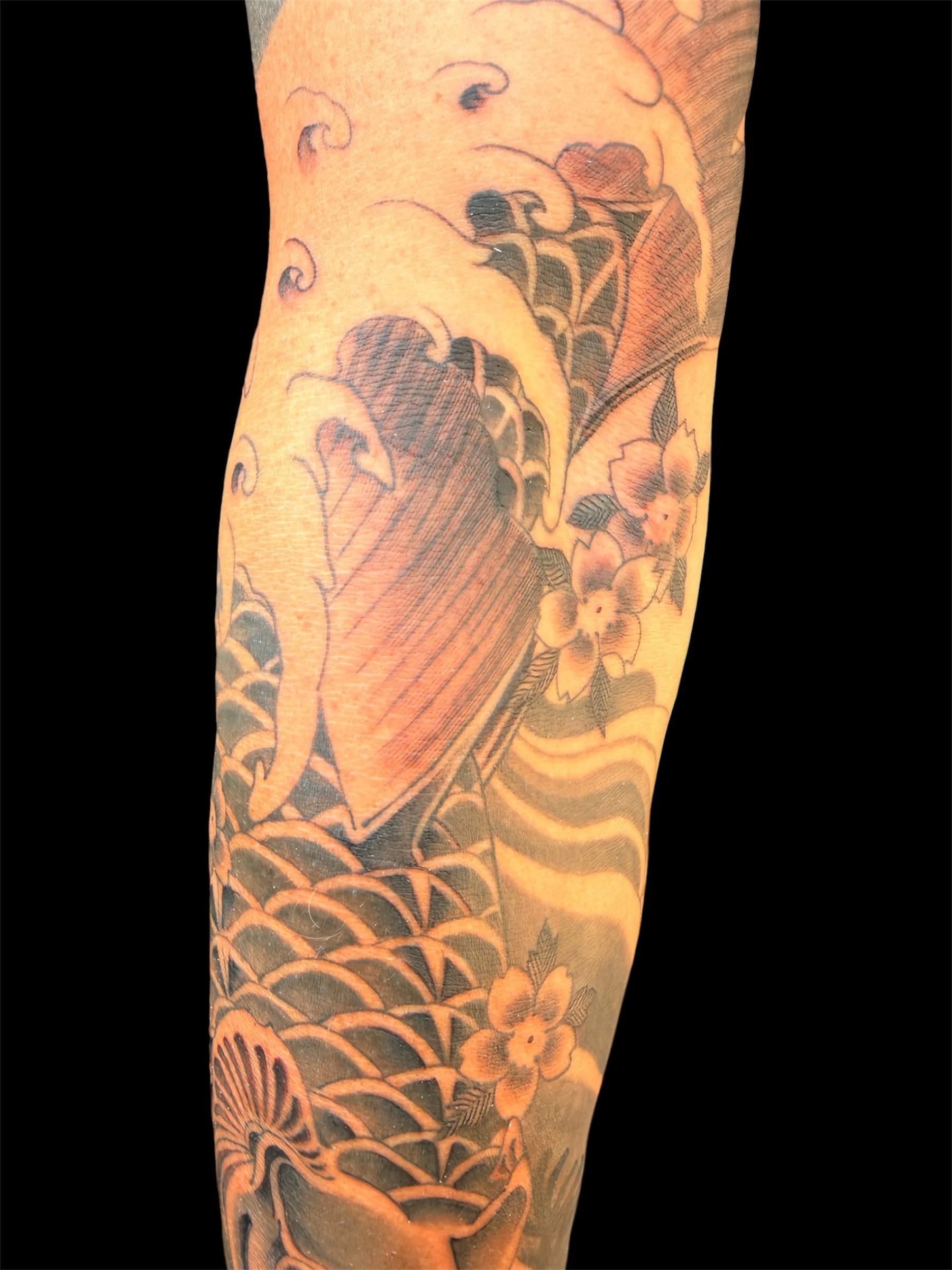 A tattoo of a traditional Japanese style design on a person's arm, featuring flowers, waves, and a fan.