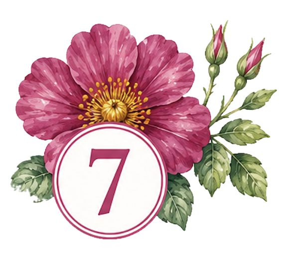 A pink flower with yellow center and green leaves, with a circular white calendar icon displaying the number 7, arranged like a decorative card.
