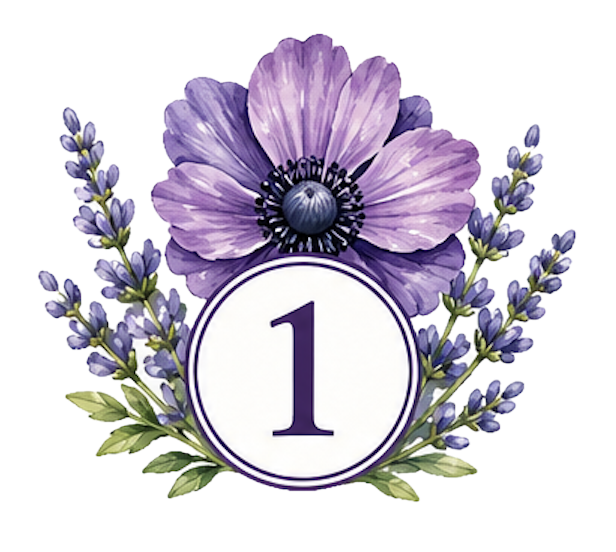 Purple anemone flower with lavender sprigs and green leaves surrounding a white circle with the number 1