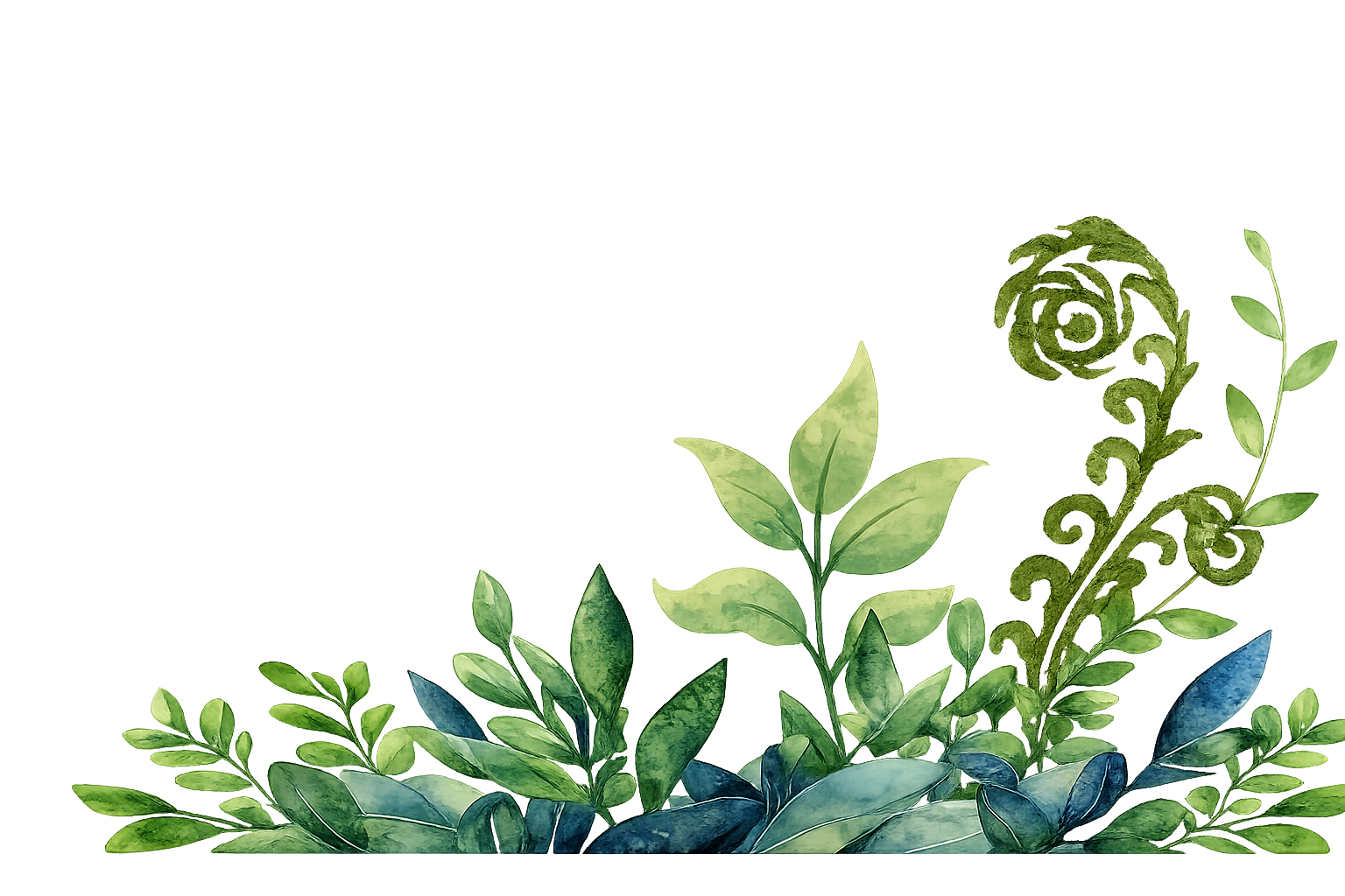 Watercolor illustrations of various green leaves and plants arranged in a cluster.