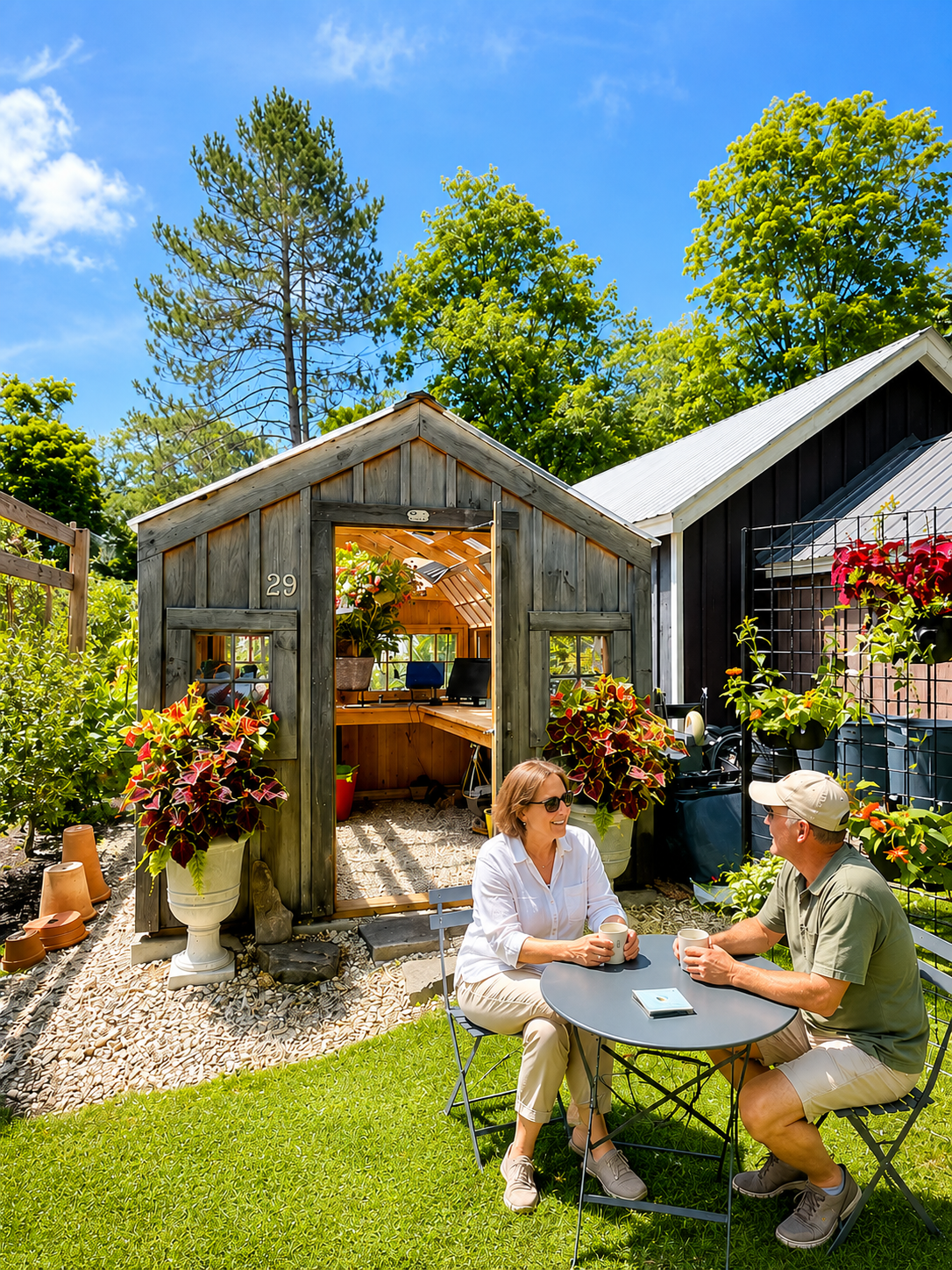 Two people sitting at a small outdoor table in a garden, enjoying drinks, with a small wooden greenhouse and lush green trees in the background.