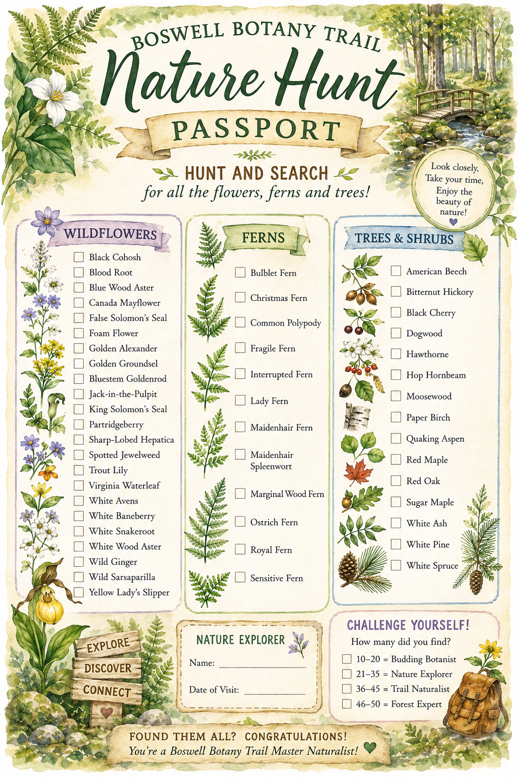 A colorful informational poster for Boswell Botany Trail Nature Hunt, featuring a list of wildflowers, ferns, and trees & shrubs to find, with illustrations of various plants and a scenic nature background.
