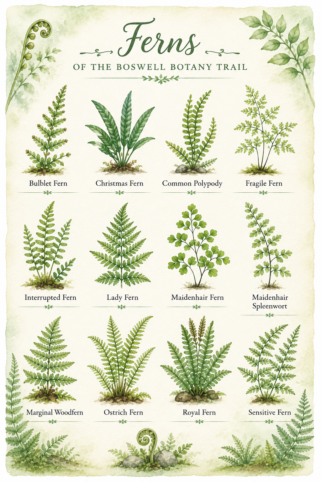 Illustration of various ferns found on the Boswell Botany Trail, including Bullet Fern, Christmas Fern, Common Polypody, Fragile Fern, Interrupted Fern, Lady Fern, Maidenhair Fern, Maidenhair Spleenwort, Marginal Woodfern, Ostrich Fern, Royal Fern, and Sensitive Fern.