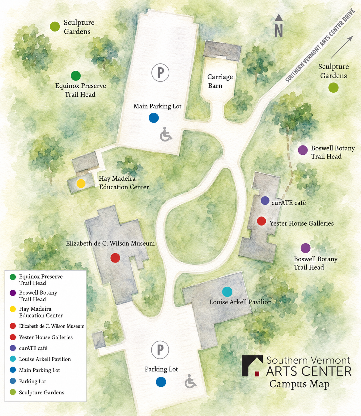A map of the Southern Vermont Arts Center campus, showing buildings, roads, parking lots, and various trail heads with color-coded labels for different sites and gardens.