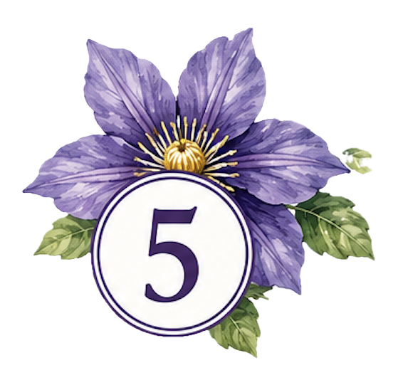 Purple flower with green leaves and a white circle displaying the number five