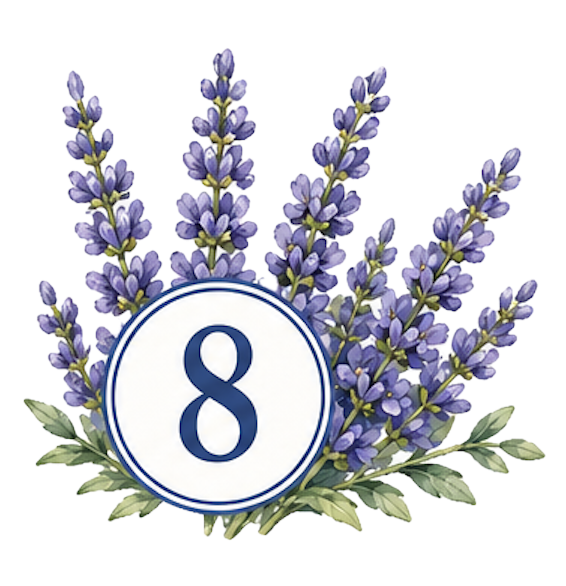 Bouquet of lavender flowers surrounding a white oval with the number eight in blue.