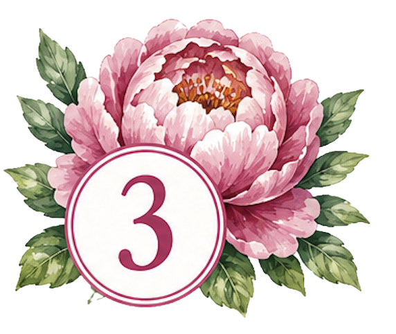 Pink peony flower with green leaves and a circular badge with the number three inside.