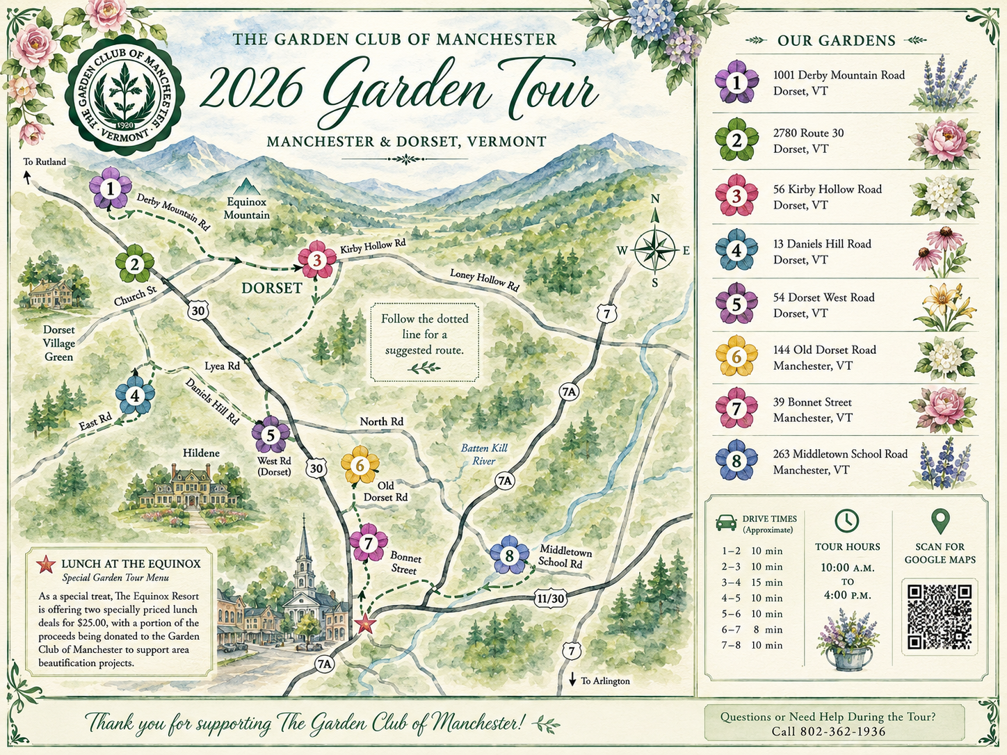 Map of the 2026 Garden Tour by The Garden Club of Manchester, showing locations of gardens in Dorset and Manchester, Vermont, with numbered markers and a legend of addresses, as well as a compass rose, scenic illustrations, and a QR code for Google Maps.
