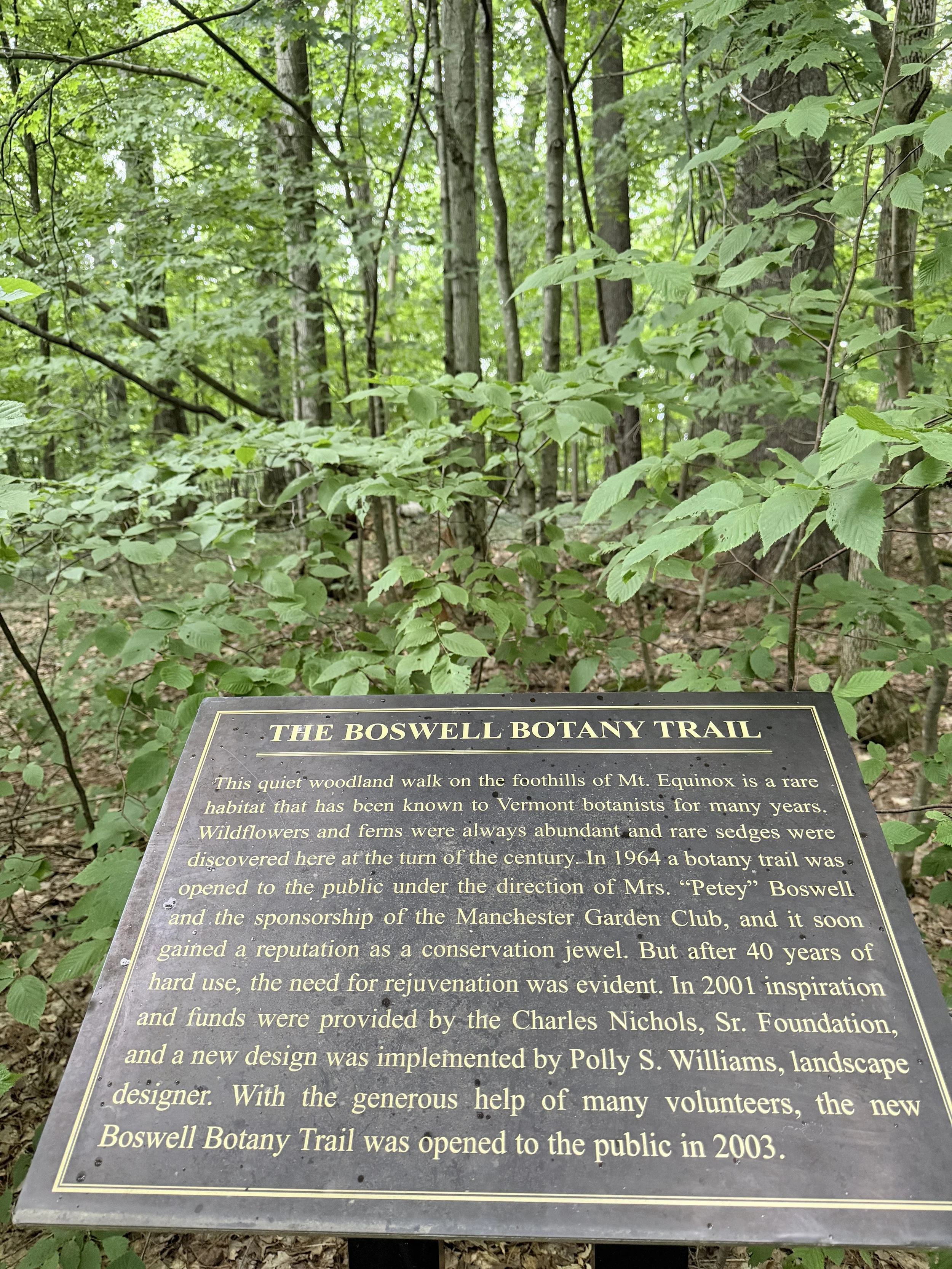 Information plaque about The Boswell Botany Trail, describing its history, purpose, and significance as a conservation area in Vermont.