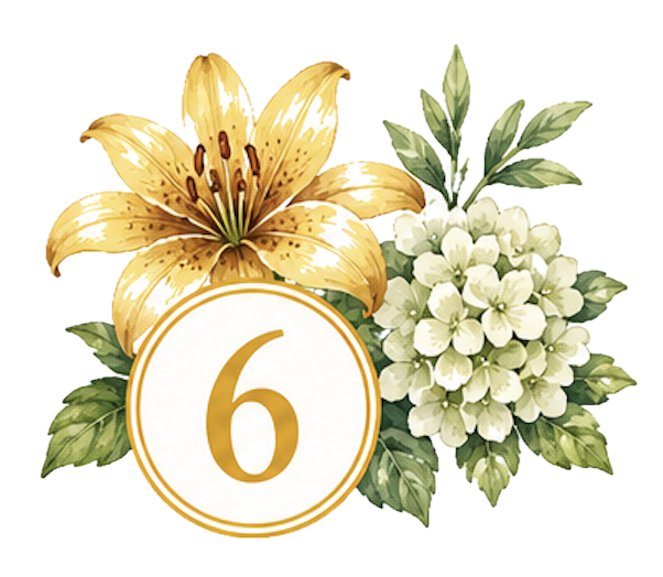A floral arrangement with a yellow lily, white hydrangea, and green leaves, featuring a white circular badge with a gold number six.