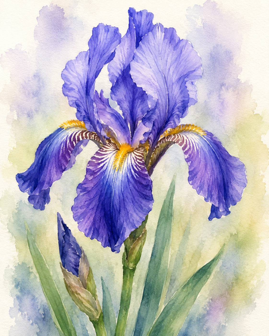 Watercolor painting of a purple iris flower with green leaves, yellow accents, and a soft background.