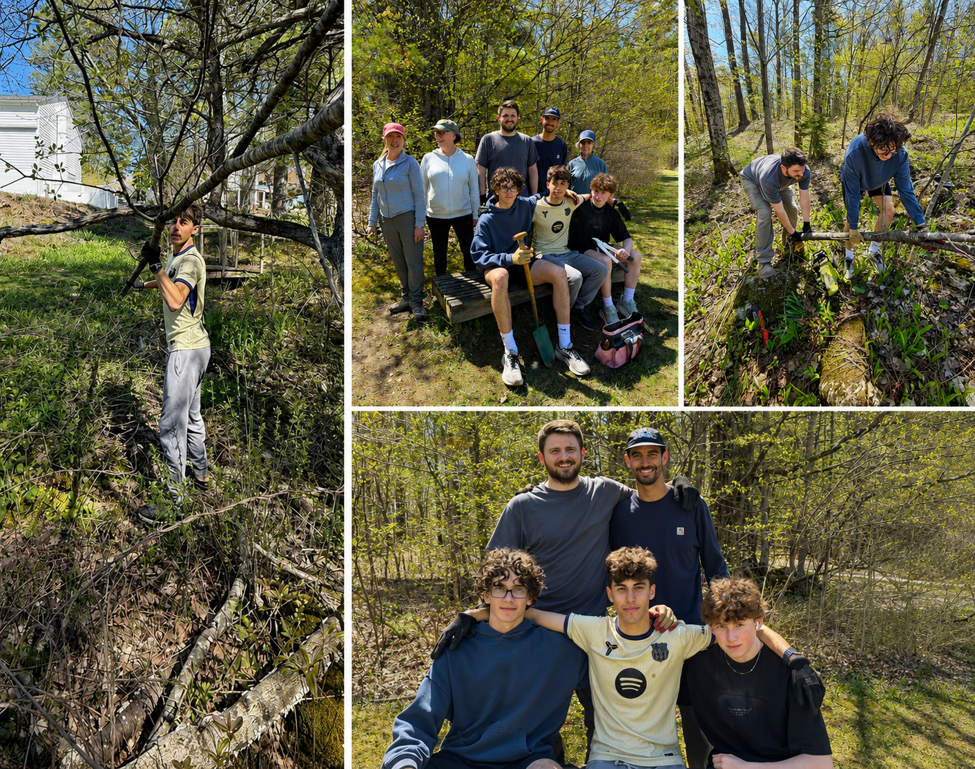 A collage of four photos showing a group of young men and boys outdoors. In the top-left, a boy is trimming a tree with a saw. In the top-right, two boys are cutting a fallen tree with saws. In the bottom-left, the group is sitting on a bench in a wooded area, some holding tools. In the bottom-right, four young men and boys are smiling and posing for the camera, surrounded by trees.