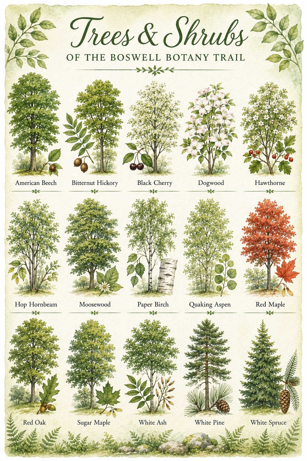 An illustrated chart of trees and shrubs of the Boswell Botany Trail including American Beech, Bitternut Hickory, Black Cherry, Dogwood, Hawthorne, Hop Hornbeam, Moosewood, Paper Birch, Quaking Aspen, Red Maple, Red Oak, Sugar Maple, White Ash, White Pine, and White Spruce, each depicted with their leaves, fruits, or characteristic features.