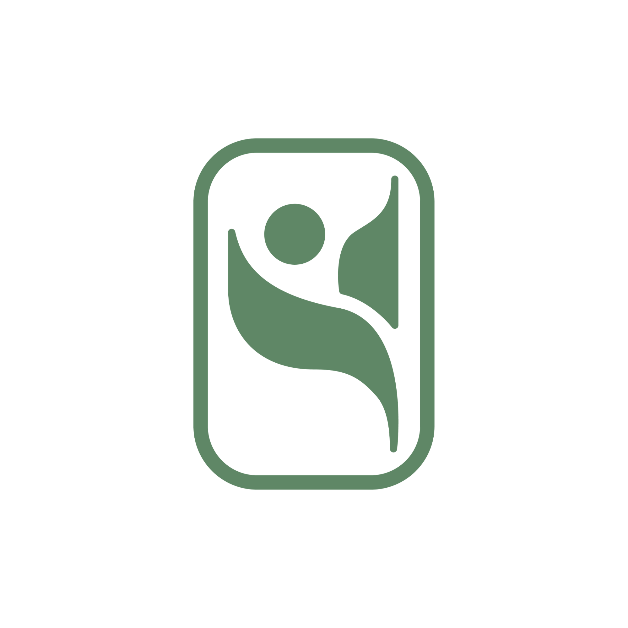 A minimalist icon of a cassette tape in dark green color.