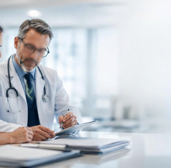 A doctor wearing glasses and a white coat with a stethoscope around his neck is sitting at a desk, writing on a clipboard in a bright medical office.