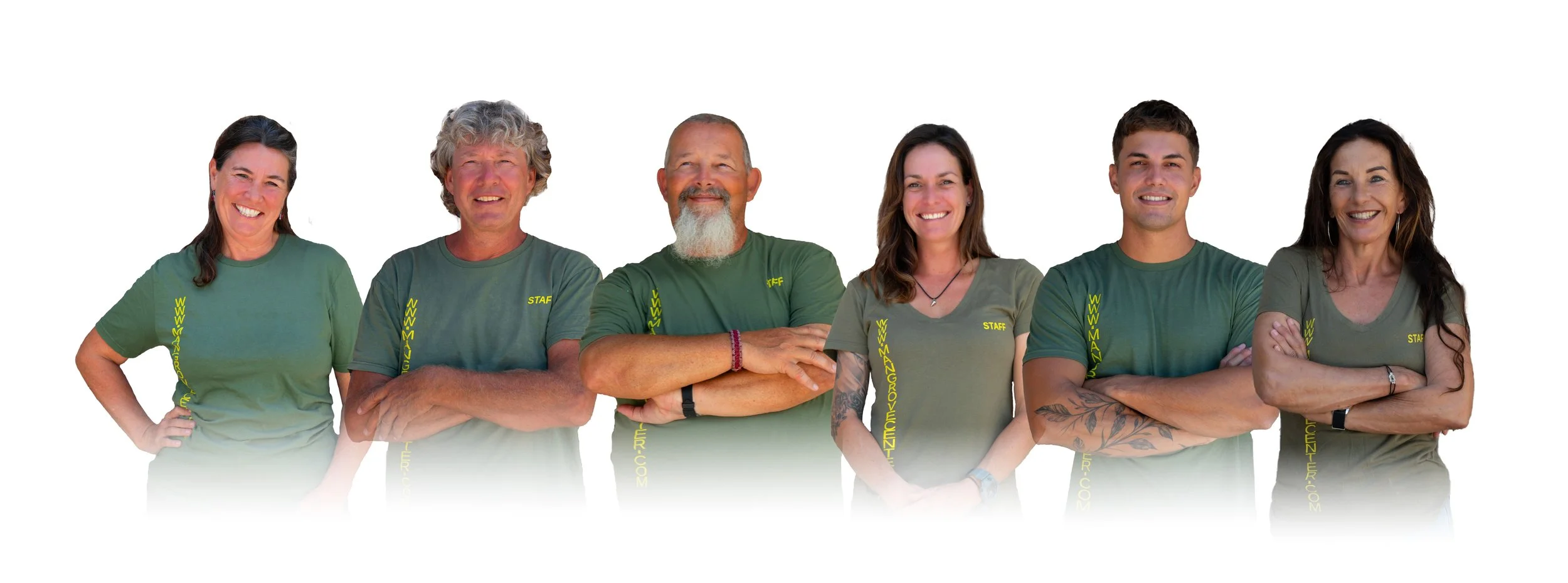 Group of six diverse people with green and gray T-shirts, smiling and standing with arms crossed or at their sides against a white background.