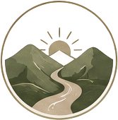 Illustration of a scenic mountain landscape with a winding river, sunlight above the mountains, all within a circular border.