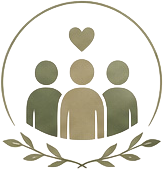 Illustration of five people sitting around a table with a speech bubble and a heart above them, symbolizing communication and connection.