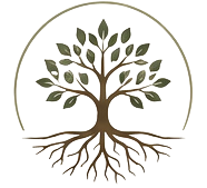 A stylized tree with roots, depicted within a circular outline, symbolizing growth and sustainability.