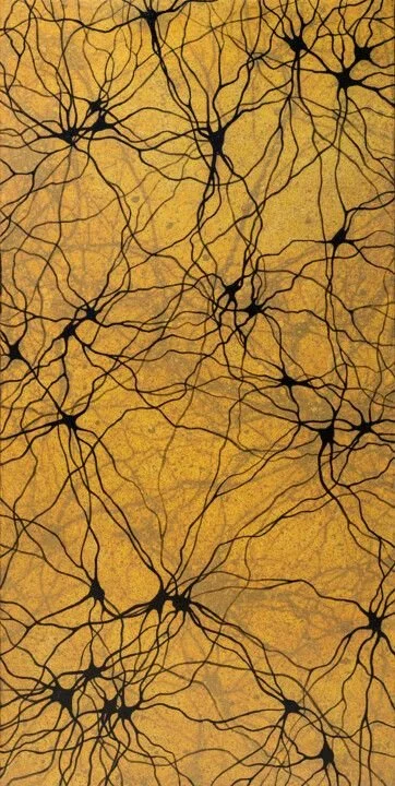 Illustration of multiple neurons with interconnected dendrites, set against a gold background.