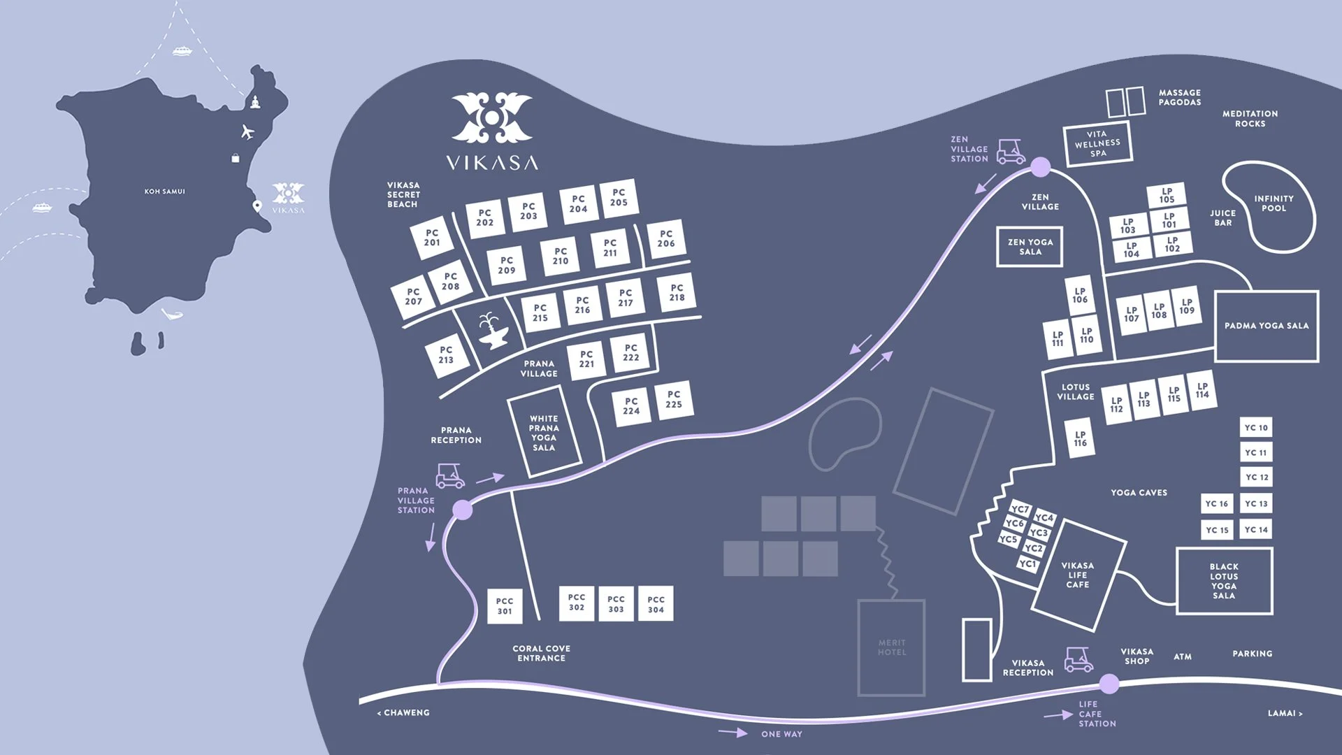 Map of a resort or coastal area with labeled sections including villas, villages, and activity spots, along with a small inset map of the area.