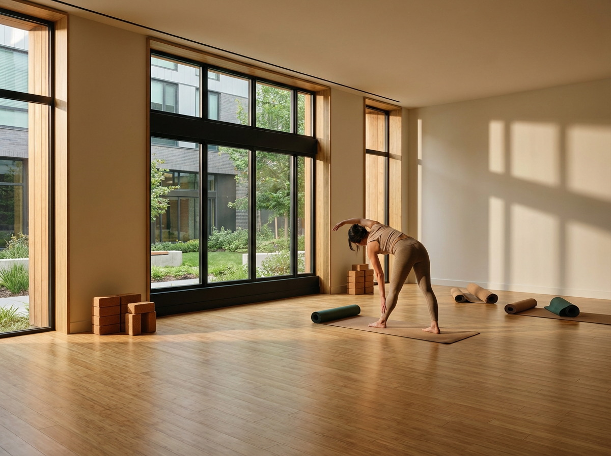 A woman practicing yoga in a spacious, sunlit studio with large windows and wooden floor.