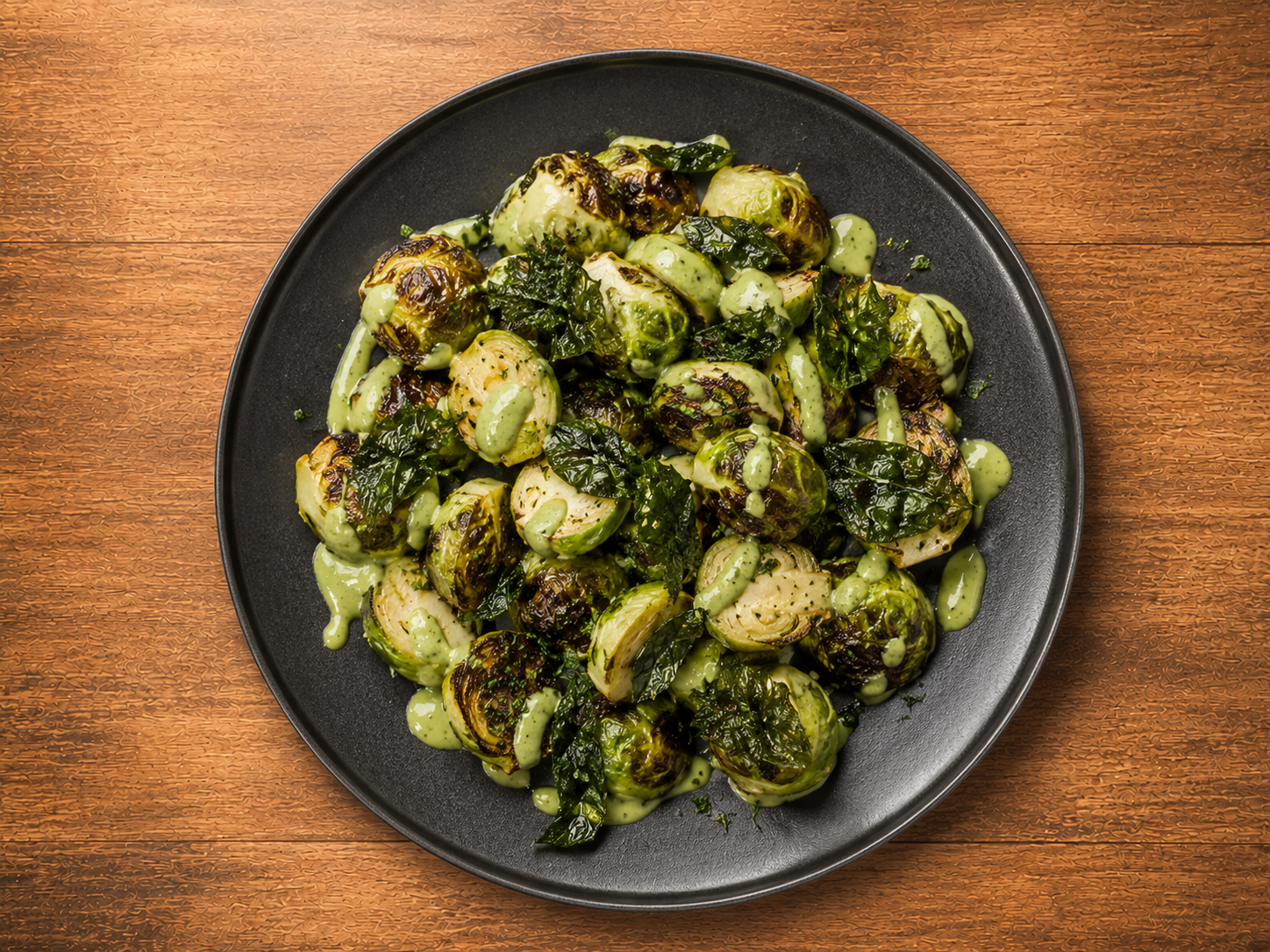 Roasted Brussels sprouts with green sauce and chopped greens on a black plate, wooden table background.