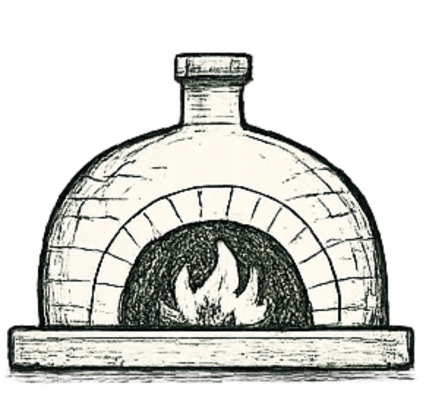Black and white sketch of a brick outdoor fireplace with a fire burning inside.