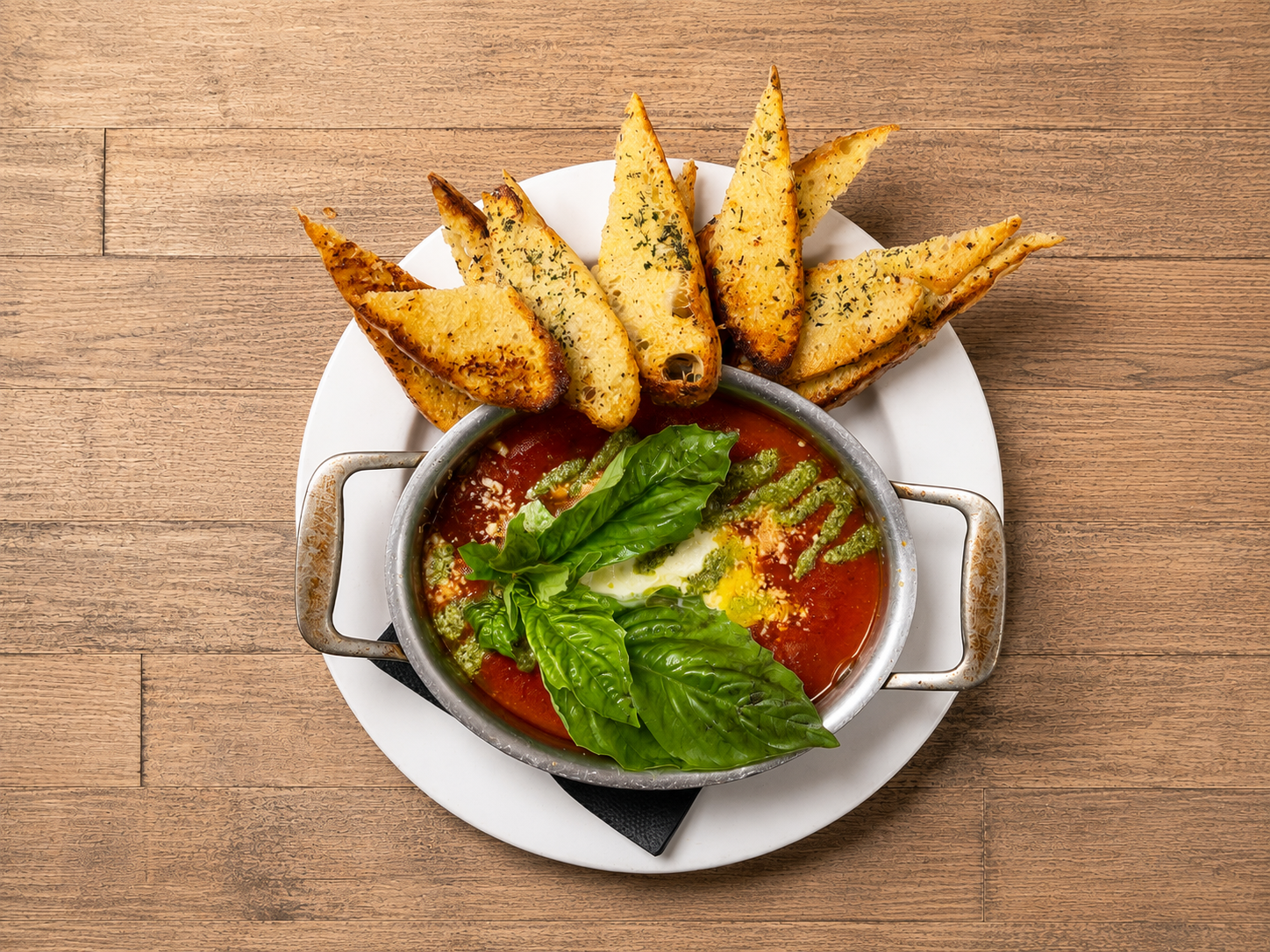 Bowl of tomato soup garnished with basil leaves, served with toasted bread wedges on a white plate with a wooden table background.