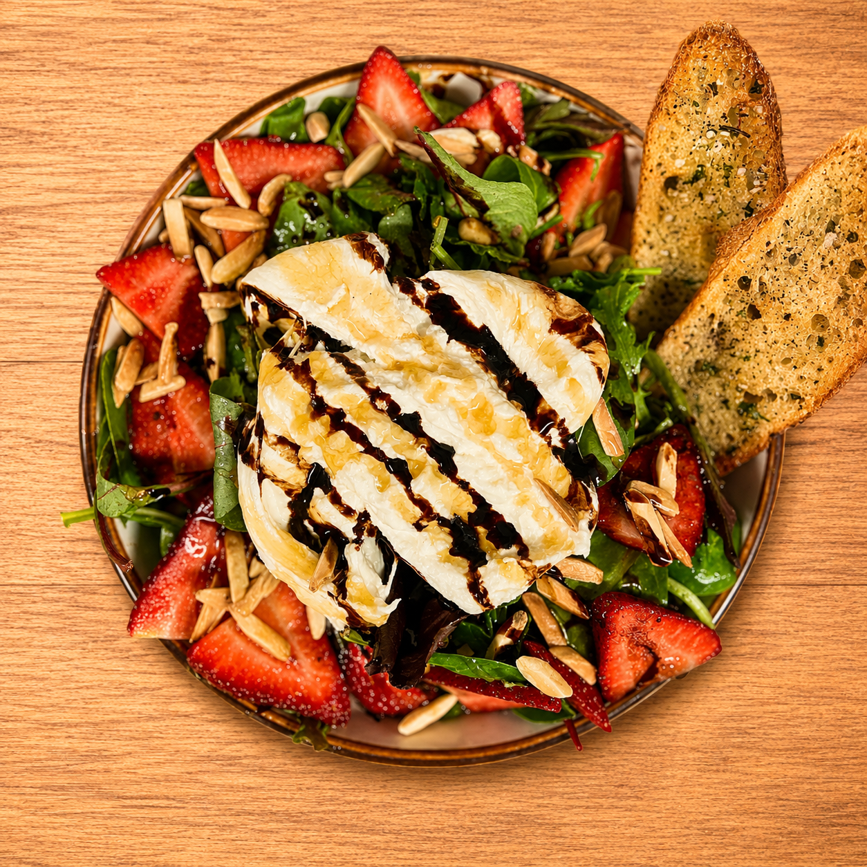 Fresh strawberry spinach salad topped with mozzarella, drizzled with balsamic glaze, garnished with sunflower seeds and served with toasted bread slices.