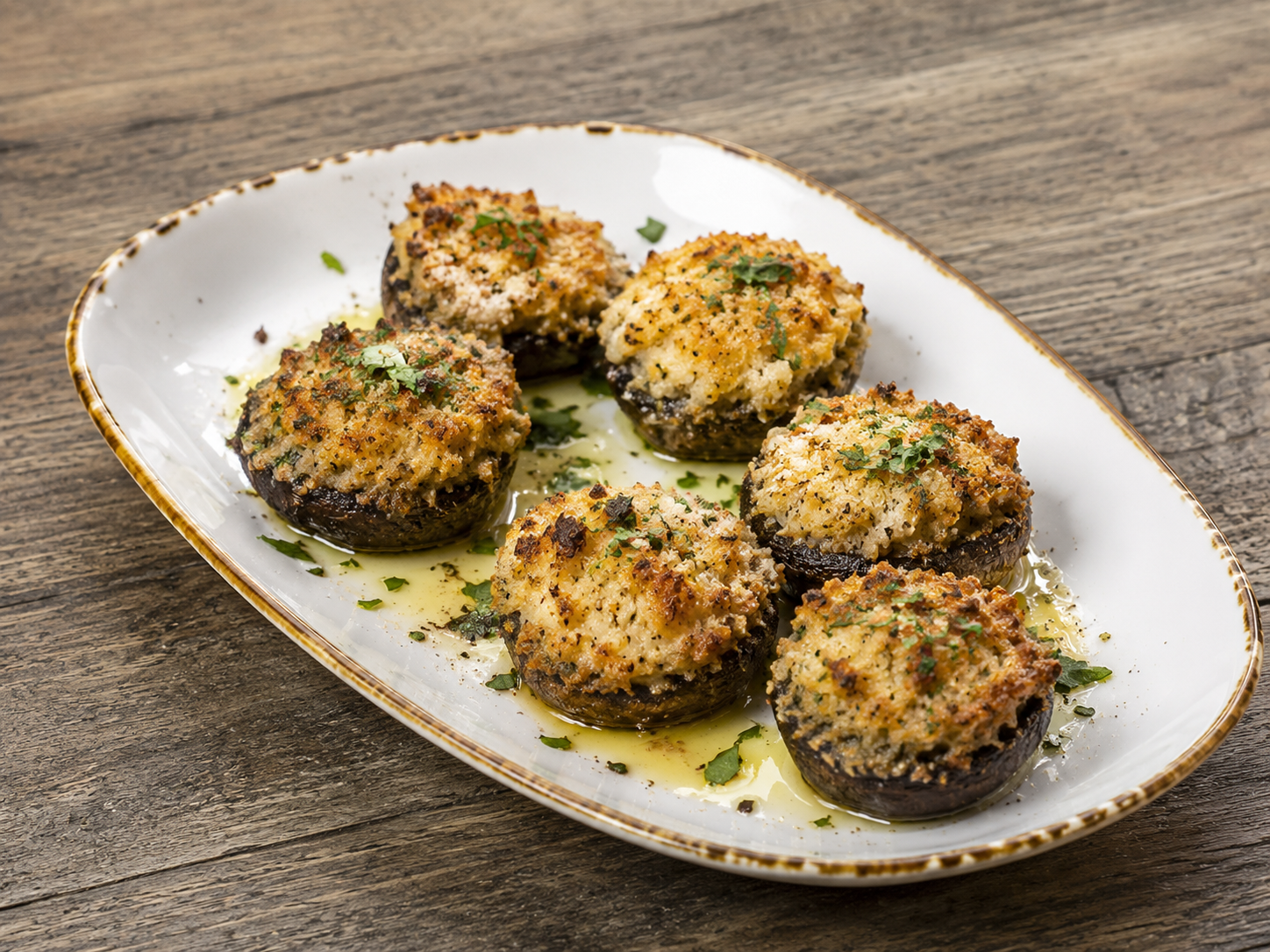 Baked stuffed mushrooms garnished with chopped herbs, served on a white oval plate with a drizzle of oil, on a wooden surface.