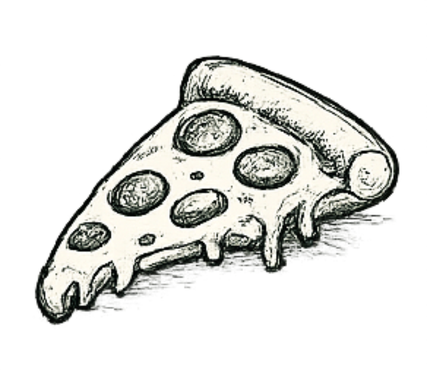 Black and white sketch of a slice of pepperoni pizza with cheese stretched out.
