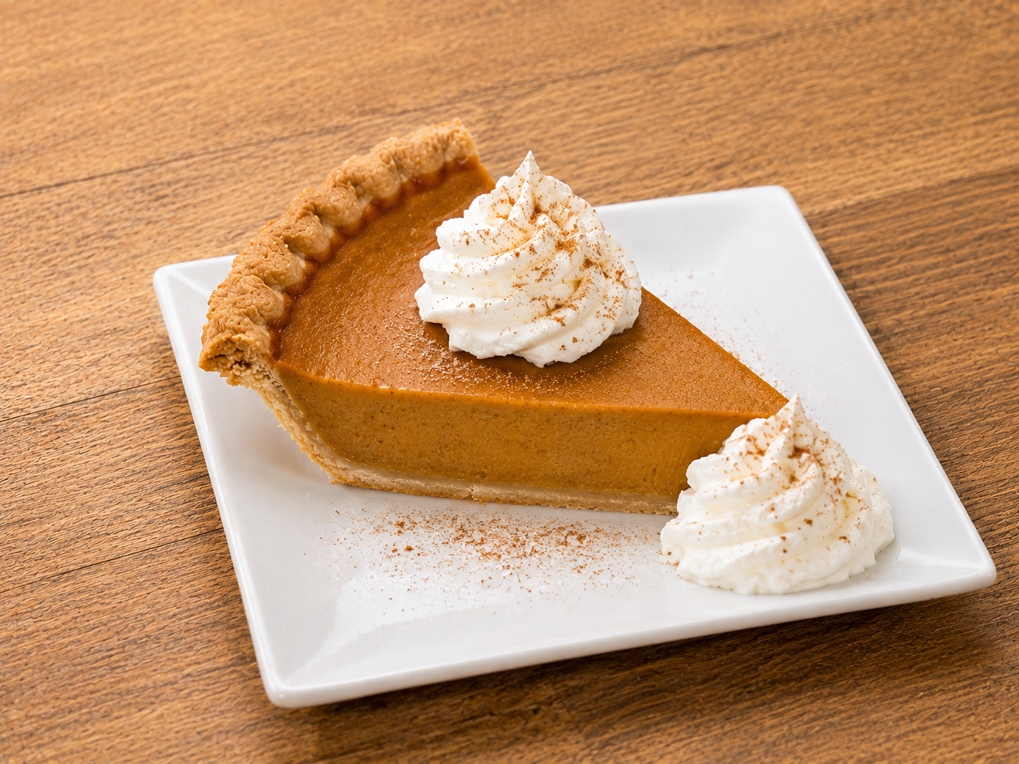 A slice of pumpkin pie with whipped cream on top, served on a white square plate with additional whipped cream on the side, placed on a wooden surface.